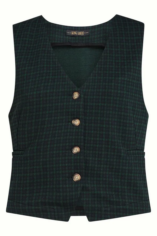 king louie king louie Kurzweste Bianca Gilet Reyna Check - modische Kurzweste mit V-Ausschnitt, Schwarz, – Produktbild 1 von 4
