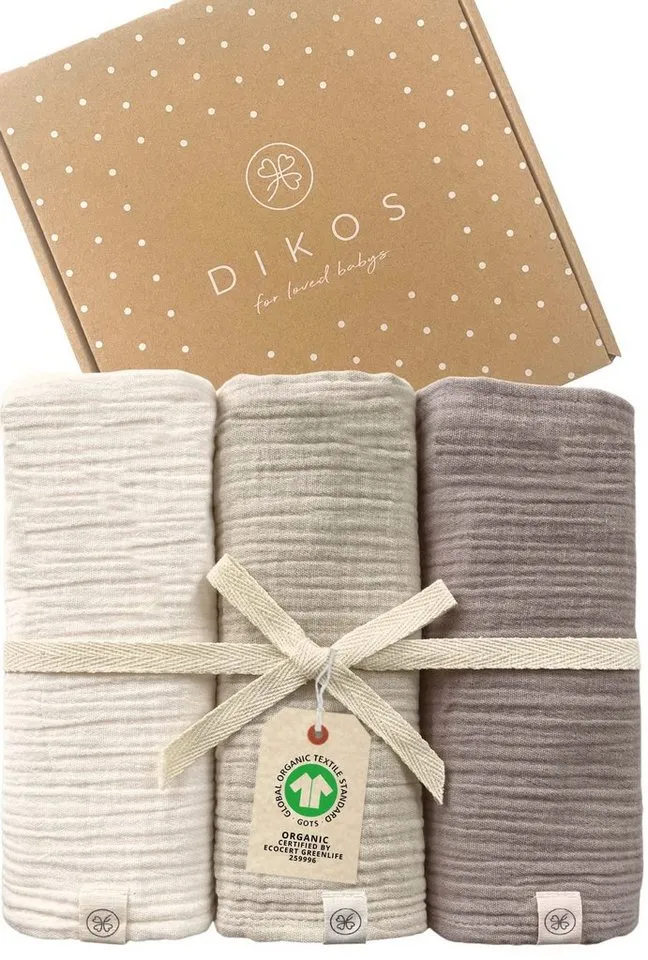Babydecke Mulltücher 3er-SET gekreppt, Spucktuch 64x64 100% GOTS BIO-Baumwolle, DIKOS, PREMIUM Qualität atmungsaktiv, nachhaltig, plastikfrei, kuschelweich, Grau, – Produktbild 2 von 5