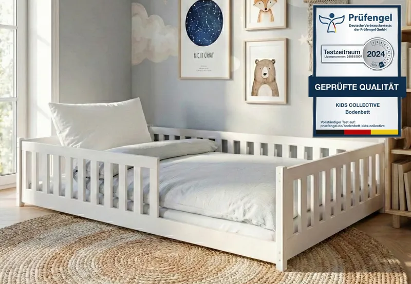 Kids Collective Kinderbett Bodenbett Bett mit Rausfallschutz & Lattenrost Montessori Bett Kinder (Jungen, Mädchen, Kinder, weitere Größen 80x160, 80x180, 90x190, 90x200, 120x200 cm), Jugendbett Gitterbett Einzelbett mit Matratze, Weiß 140x200 cm, Weiß, – Produktbild 2 von 5