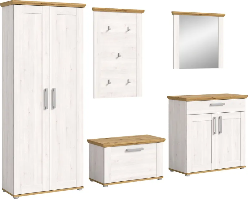 Home affaire Garderoben-Set COSENZA, Breite ca. 285 cm, 5-teilig, in Landhausoptik, (5-St., Garderobenschrank, Sitzbank, Garderobenpaneel, Schuhschrank, Spiegel), Garderobenkombination, Kombination, Diele, Garderobe, Garderobenmöbel, Weiß, – Produktbild 3 von 5