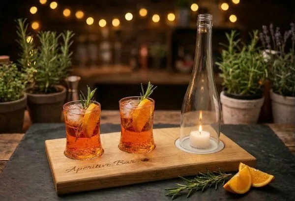 Portia by Callidus Designs Portia by Callidus Designs Aperitivo Bar Servierbrett aus Eiche mit Naturkante mit Glasmulden – Produktbild 3 von 8