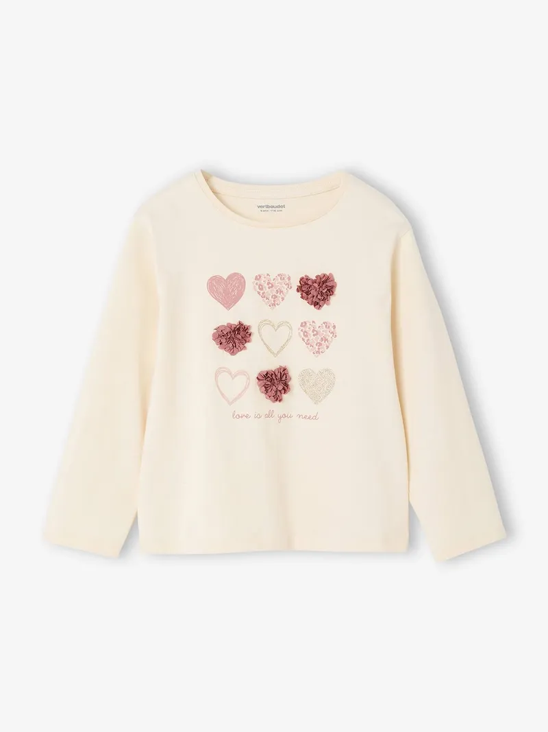 Vertbaudet Mädchen Langarmshirt mit Relief-Herz, Wollweiß, – Produktbild 2 von 4