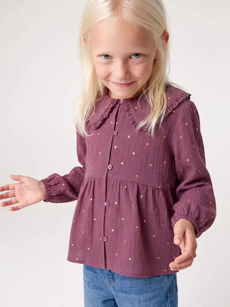 Vertbaudet Langärmelige Mädchen Bluse aus Musselin, Pflaume, – Produktbild 1 von 4