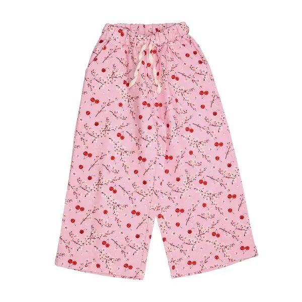 Walkiddy Walkiddy Kinderhose GOTS-zertifiziert aus Bio-Baumwolle, rosa mit Kirschen-und-Blüten-Print, leichter Sommerstoff, elastischer Bund, Blau, – Produktbild 1 von 2
