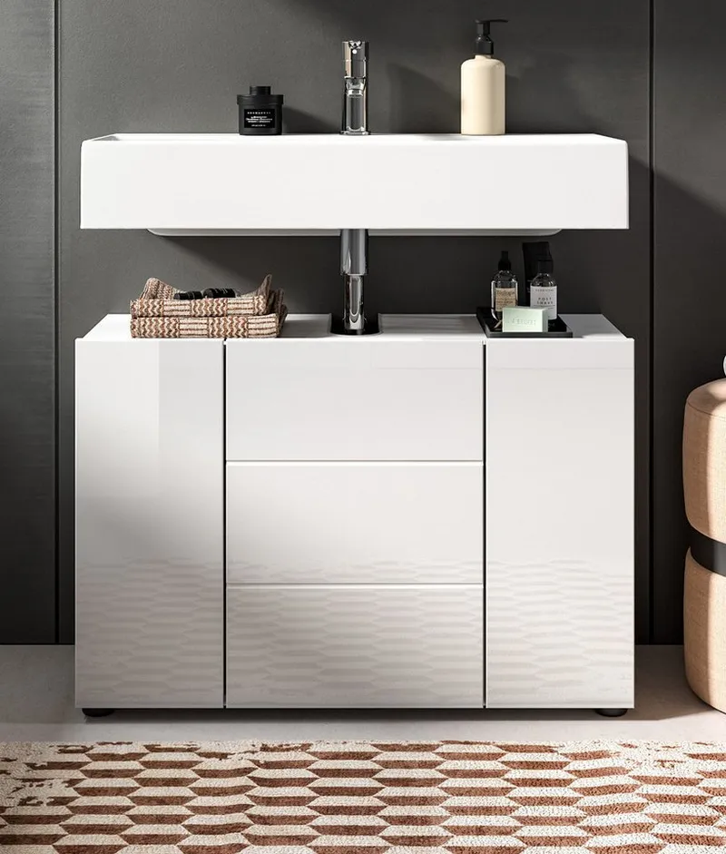 Inn.Furn Waschbeckenunterschrank Larik (Badschrank in Weiß Hochglanz, Breite 80 cm) mit 4 Fächern, Weiß, – Produktbild 2 von 5