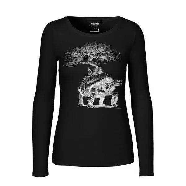 HANDGEDRUCKT HANDGEDRUCKT "Lange Reise" Frauen Longsleeve aus reiner Biobaumwolle (kbA), Black, – Produktbild 1 von 3