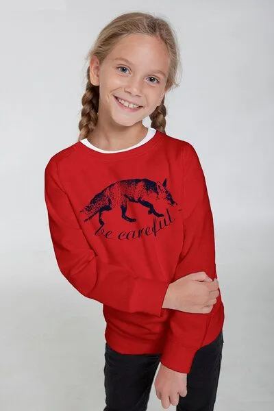 Peaces.bio - handbedruckte Biomode Peaces.bio - handbedruckte Biomode Bio-Kindersweatshirt "Be Careful", Rot, – Produktbild 1 von 1