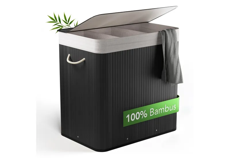NewHabitat Wäschekorb Bambus Wäschekorb 3 Fächer, 150L Wäschesammler mit Deckel & Sack, Schwarz, – Produktbild 1 von 5