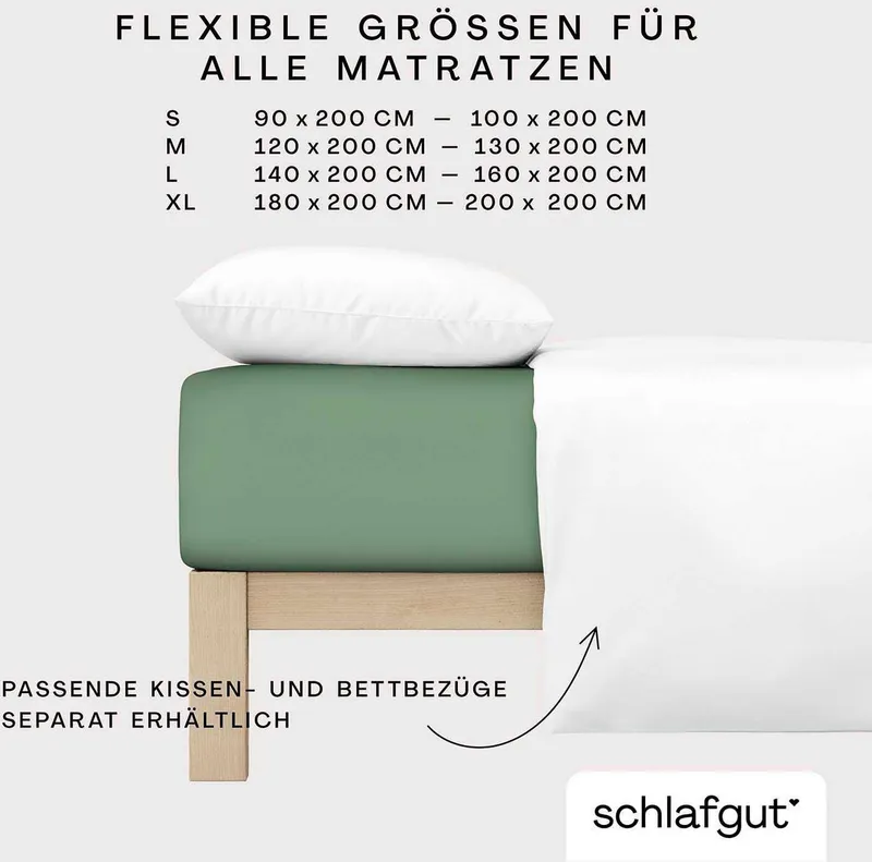 Schlafgut Schlafgut Spannbettlaken CASUAL Bettlaken 100% gekämmte Bio-Baumwolle, 150 g/m², Spannbetttuch, Jersey, Gummizug: rundum, (1 Stück), Bettlaken bis 25 cm Höhe, langlebig, weich, Antipilling-Ausrüstung, Grün, – Produktbild 1 von 5
