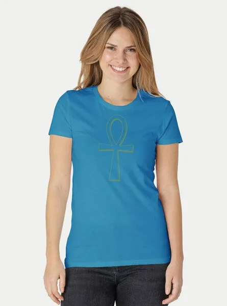 Peaces.bio - handbedruckte Biomode Peaces.bio - handbedruckte Biomode Damen Fit T-Shirt Ankh, Türkis, – Produktbild 2 von 2