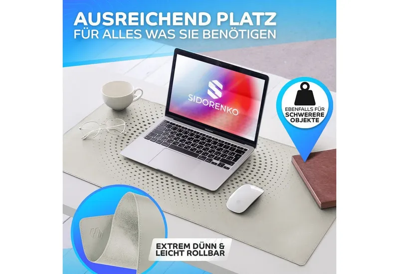 MAXLVL Gaming Mauspad Schreibtischunterlage - Mauspad mit Vernähte Kanten - abwaschbar (80x40 cm, Schreibtisch Unterlage für Büro), Tischunterlage Schreibtisch aus PU-Leder, Grau, – Produktbild 6 von 8