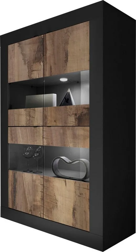 Home affaire Vitrine Basic Höhe 162 cm, Standvitrine mit 4 Türen - Metallgriffe, Stauraumvitrine in moderner Rahmenoptik, Hochschrank, Anrichte, Braun|schwarz, – Produktbild 3 von 5