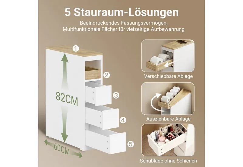 SoBuy Beistellwagen BZR54, Badezimmerschrank mit Rollen, Badschrank schmal, Kommode, Küchenwagen schmal Nischenwagen Badezimmerregal mit Rädern, ausziehbar, Weiß, – Produktbild 3 von 8