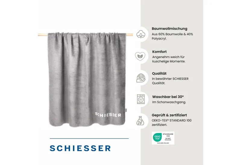Schiesser Wohndecke Kuscheldecke Klara in Wendeoptik - Baumwoll-Mix - warm und flauschig, Schiesser, OEKO-TEX® MADE IN GREEN, Grau, – Produktbild 1 von 5