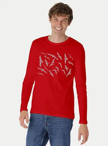 Peaces.bio - handbedruckte Biomode Peaces.bio - handbedruckte Biomode Bio-Herren-Langarmshirt Möwen, Rot, – Produktbild 2 von 2