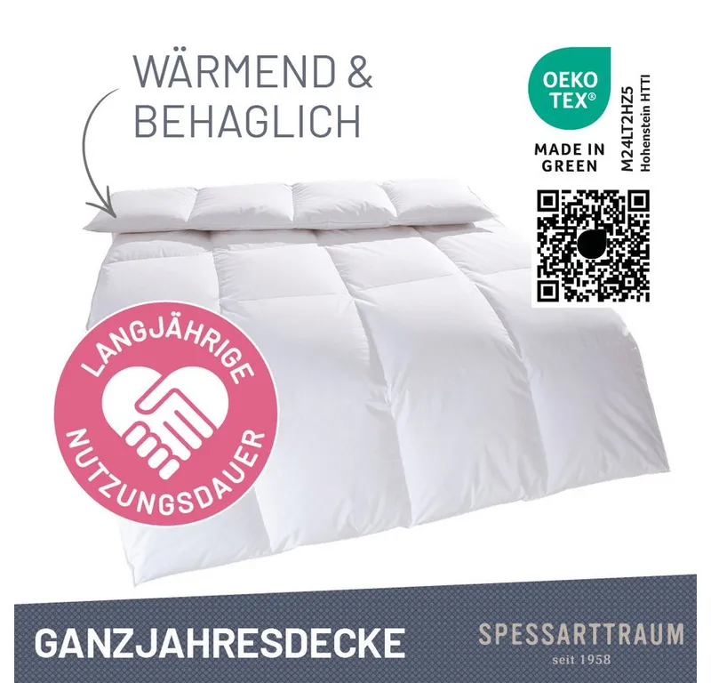 Spessarttraum Spessarttraum Daunenbettdecke Exklusiv 100% Daunen, hergestellt in Deutschland, Füllung: 100% Daunen, Klasse 1, Downpass zertifiziert, Bezug: 100% Baumwolle, Made in Green, Hausstauballergiker geeignet, 5 Wärmeklassen & 8 Größen, Bestseller, Weiß, – Produktbild 2 von 6