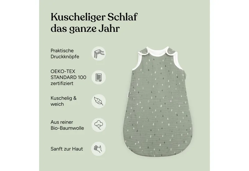 Ehrenkind Babyschlafsack Musselin Ganzjahresschlafsack Rund, 2.5 TOG (mit atmungsaktiver Bio-Baumwolle), für guten Schlaf zu jeder Jahreszeit, Rosé tropfen, – Produktbild 3 von 5