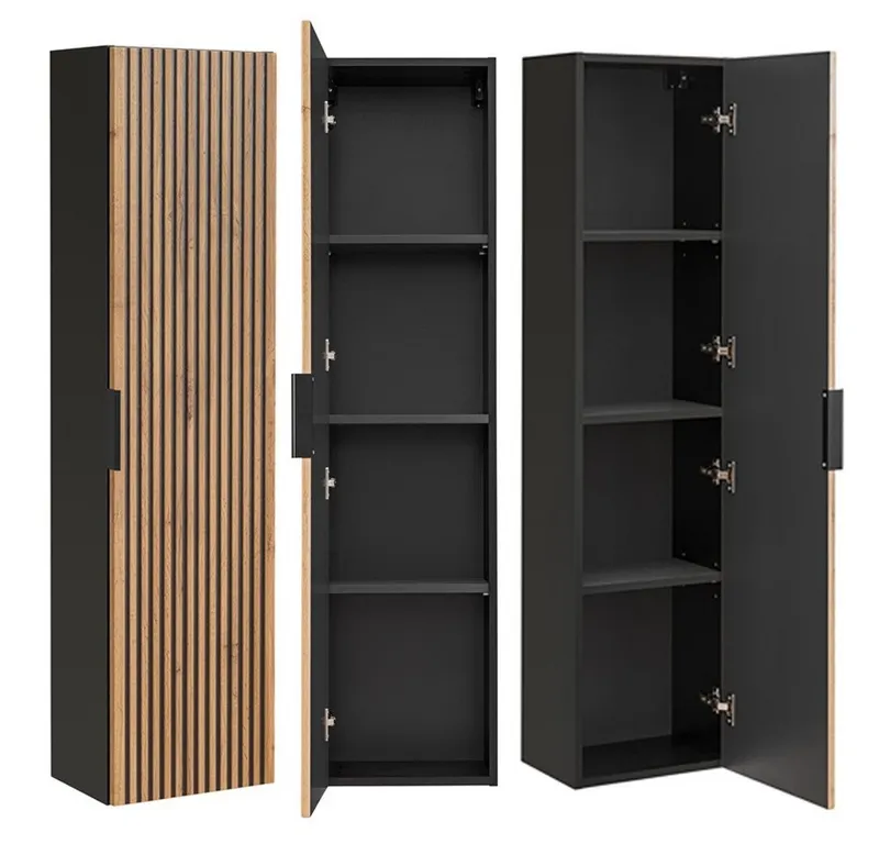 Lomadox Hochschrank XANTEN-56 anthrazit, Wotan Eiche Nb., schwarze Rillen, Softclose, Braun|grau, – Produktbild 1 von 5