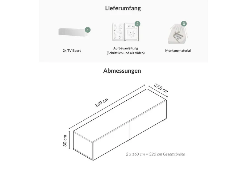 Planetmöbel TV-Schrank West TV-Board, Fernsehtisch 320 cm lang, TV-Lowboard (für Fernseher bis 75 Zoll, TV Schrank viel Stauraum, sideboard hängend, Fernsehschrank 2x 160 x 30 x 37,5 cm) weiß, Weiß, – Produktbild 4 von 4