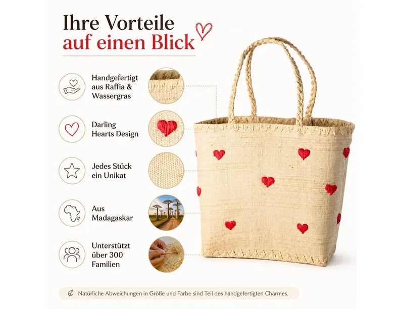 RICE RICE Basttasche Rice Raffia Tasche mit Herz Design, handgefertigt, Natur/Rot (1-tlg., Raffia Tasche), Beige|goldfarben, – Produktbild 3 von 5