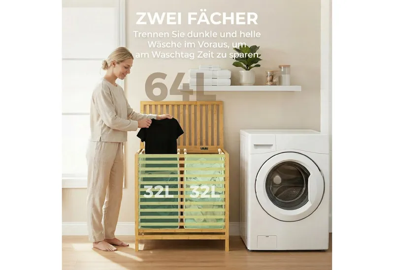 HOMCOM HOMCOM Wäschekorb (Wäschebox, 1 St., Wäschesammler), 64 Liter, faltbar, Doppelkorb, Bambus, Beige, – Produktbild 4 von 5