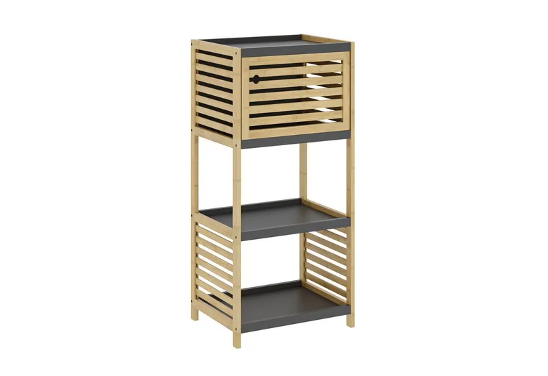 en.casa Badregal, »Kydesby« 83 x 39 x 30 cm 1 Tür 2 offene Fächer Bambus Natur/Grau, Beige|grau, – Produktbild 5 von 5