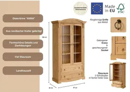 OTTO home Glasvitrine Anna, Standvitrine, Vitrinenschrank, Vitrine (Gesamtmaße (B/T/H): ca. 97/46/188 cm) mit Glastüren, 2 Schubladen, Höhe 188 cm, aus massiver Kiefer, FSC® – Produktbild 1 von 1