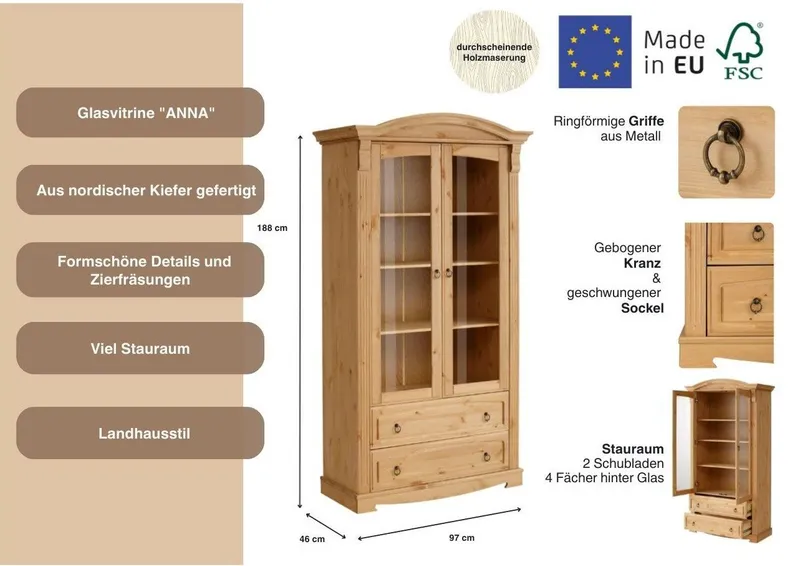 OTTO home Glasvitrine Anna, Standvitrine, Vitrinenschrank, Vitrine (Gesamtmaße (B/T/H): ca. 97/46/188 cm) mit Glastüren, 2 Schubladen, Höhe 188 cm, aus massiver Kiefer, FSC®, Beige, – Produktbild 1 von 4