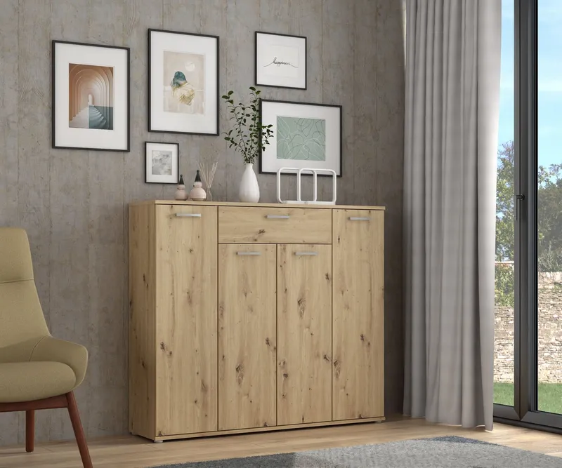FORTE Kommode Kombikommode, Stauraum, Einlegeböden verstellbar, B/H/T ca.140/120/34 cm, viel Stauraum, PEFC zertifiziert, Beige, – Produktbild 7 von 8