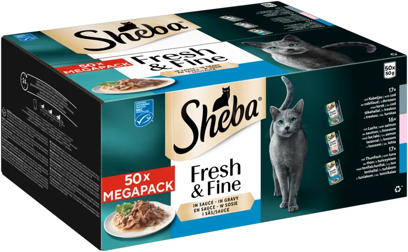 Sheba Sheba Portionsbeutel Multipack Fresh & Fine in Sauce mit Lachs, mit Thunfisch, mit Kabeljau (MSC) 50x50g – Produktbild 1 von 1