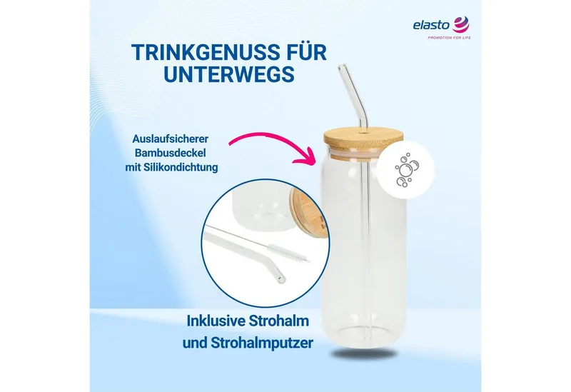 elasto elasto Trinkglas "Tropical" - Strohhalm & Bürste - Bambusdeckel, Natur, – Produktbild 6 von 7