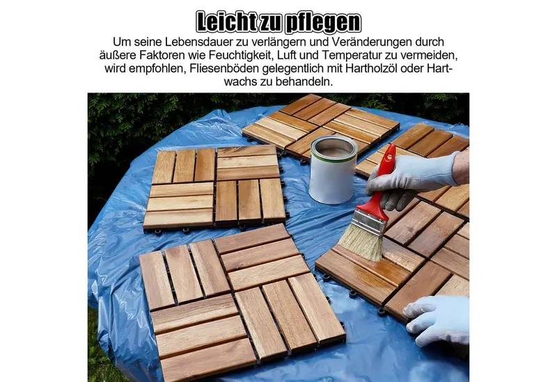 Clanmacy Holzfliesen 1-10 Terrassenfliesen, 11-110 Stück, Akazien-Holz Balkonplatten - 5, 55er Set, 55 St., 30x30cm = 1qm pro Fliese, rutschfest, Stecksystem, langlebig – Produktbild 4 von 5