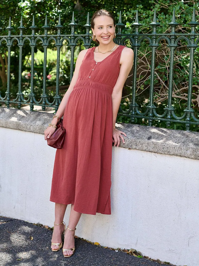 Envie De Fraise Trägerkleid mit Knopfleiste für Schwangerschaft und Stillzeit ENVIE DE FRAISE, Terrakotta, – Produktbild 1 von 4
