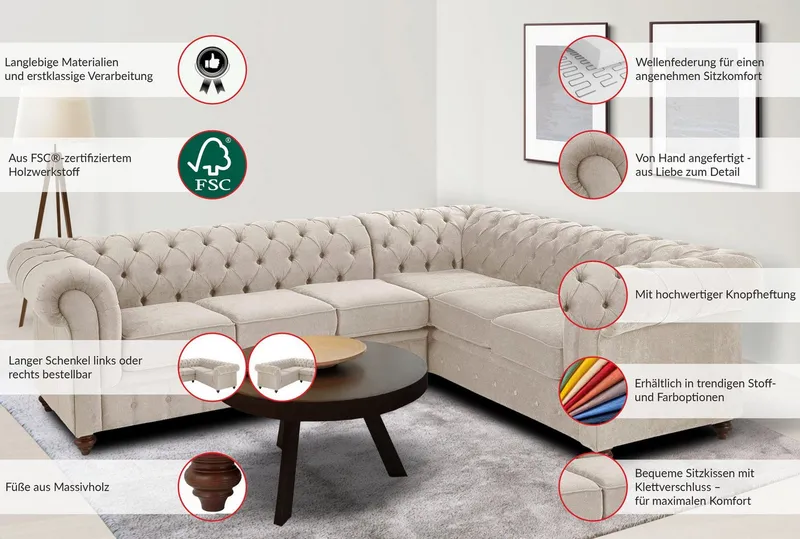 OTTO home Chesterfield-Sofa Chesterfield Ecksofa, auch in Leder L-Form, hochwertige Knopfheftung, langer Schenkel links oder rechts wählbar, Beige, – Produktbild 1 von 5