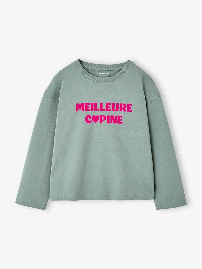 Vertbaudet Langarmshirt mit Flockprint Mädchen, Grün, – Produktbild 2 von 4