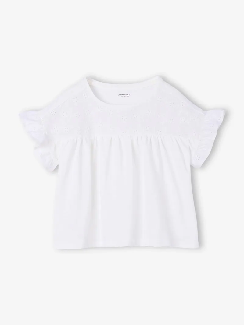 Vertbaudet Blusenshirt mit Volantärmel und Lochstickerei, Wollweiß, – Produktbild 2 von 4
