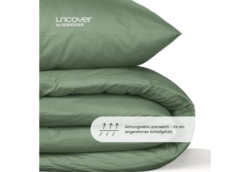 uncover by SCHIESSER Bettwäsche Soho aus weicher Baumwolle in gedeckten Uni-Farben, Renforcé, 2 teilig, OEKO-TEX® MADE IN GREEN, Grün, – Produktbild 4 von 5