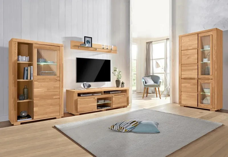 OTTO home Wohnwand Denis, (Set, 4-St), Breite: 340cm, 1Vitrine, 1Stauraumvitrine, 1 Lowboard und 1 Wandregal, Braun, – Produktbild 6 von 8