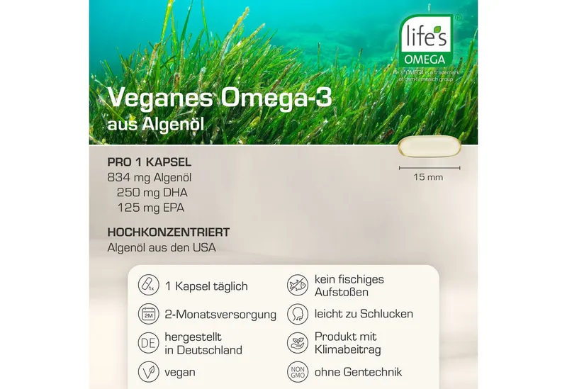 Purabyo Omega-3 Algenöl Kapseln, vegan, 250 mg DHA,+125 mg EPA, im Glas Kapseln, 60 St., 71 g – Produktbild 3 von 5