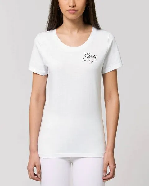 Human Family Human Family Bio Damen Rundhals-T-Shirt "Faith - Solidarity" aus Bio-Baumwolle, Weiss, – Produktbild 1 von 2
