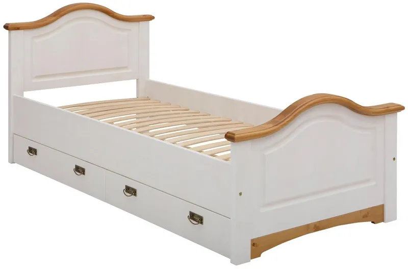 OTTO home Massivholzbett Konrad, Stauraumbett, Messinggriffe, rustikaler Landhausstil, mit FSC®-zertifiziertem Massivholz, Liegehöhe 40 cm, Weiß, – Produktbild 1 von 5