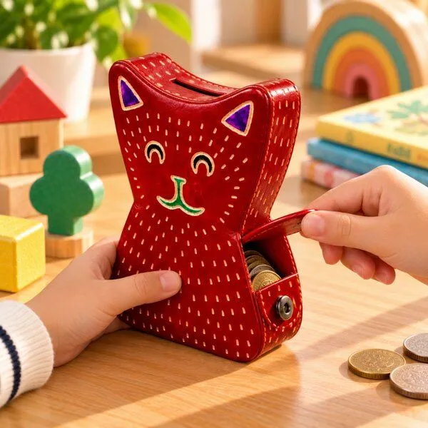 Janselo Katze Kinder-Spardose aus Shanti-Leder in Rot – Produktbild 4 von 4
