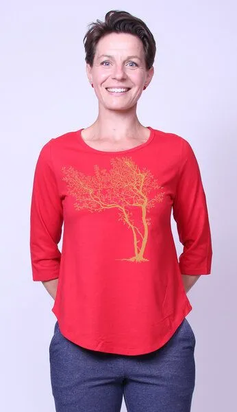 Peaces.bio - handbedruckte Biomode Peaces.bio - handbedruckte Biomode Bio-Damen-3/4 Arm Shirt- Fancy Tree, Rot, – Produktbild 2 von 2