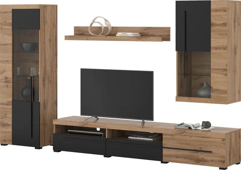 OTTO home Wohnwand Roger,Breite 255 cm moderne Mediawand ohne Beleuchtung, (Set, 4-St), Anbuwand (Set,4-St) viel Stauraum, Glastüren, Beige|schwarz, – Produktbild 4 von 5
