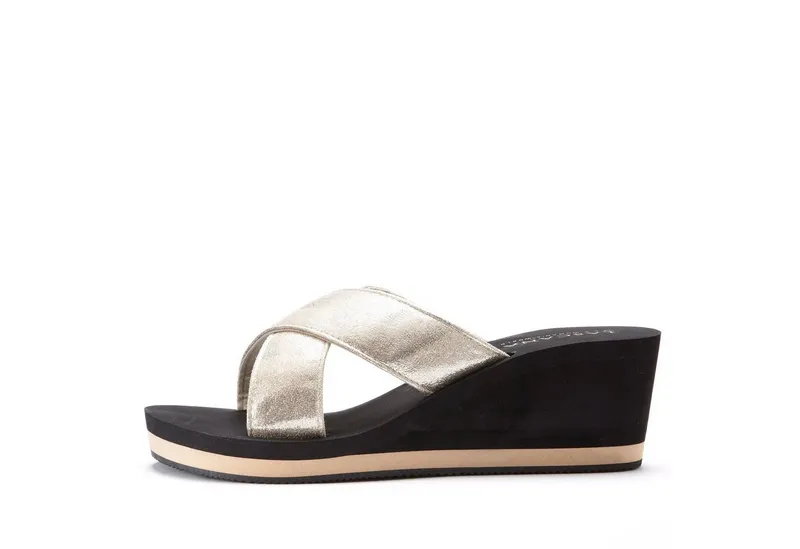 Lascana Lascana Badeschuhe, Flip Flop, Badelatsche, Sandale Badepantolette Pantolette mit Keilabsatz und Metallic-Optik VEGAN, Goldfarben|schwarz, – Produktbild 1 von 5