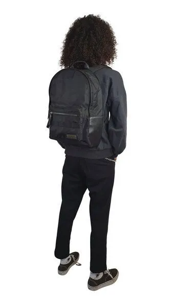 manbefair manbefair City Rucksack Bergen aus recyceltem Nylon Gewebe und Rinds-Leder, Schwarz, – Produktbild 3 von 4