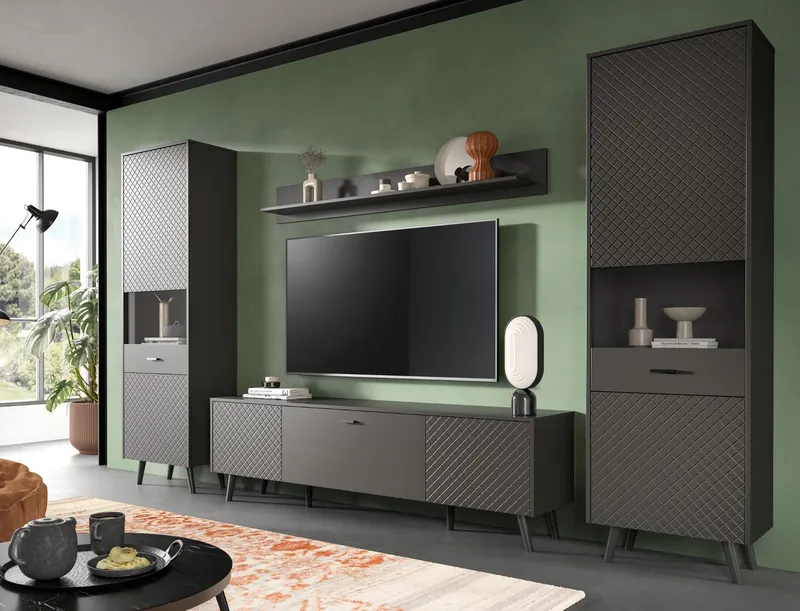 Inn.Furn Wohnwand Madea, (Schrankwand in mattem Grau, 4-teilig, 330 x 195 cm), mit Rautenfräsung, Push-To-Open, Grau, – Produktbild 3 von 5
