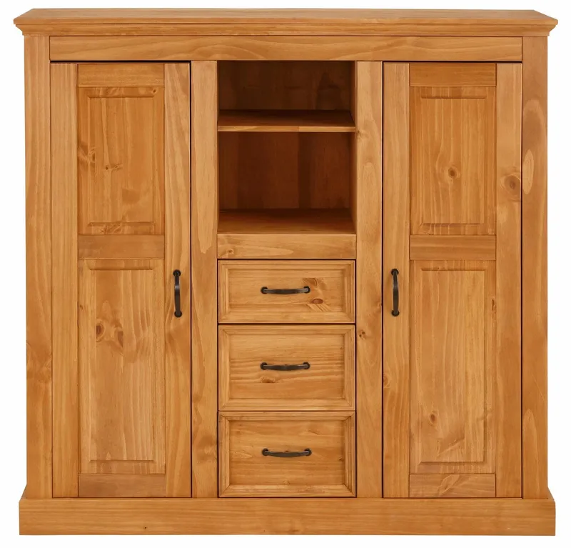 OTTO home Highboard Selma Kommode mit 2 Türen, 3 Schubläden und 8 Fächer, Metallgriffe, massives Kiefernholz, natürliche Maserung & Metallgriffe, 130cm breit, Beige, – Produktbild 5 von 5