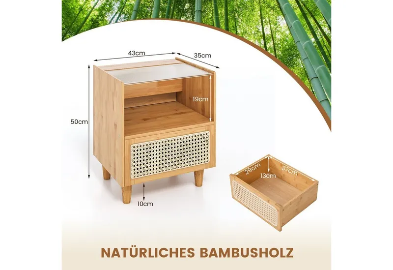 COSTWAY COSTWAY Nachttisch (1-St), Rattan Beistelltisch, mit Glastischplatte, aus Bambus – Produktbild 5 von 5