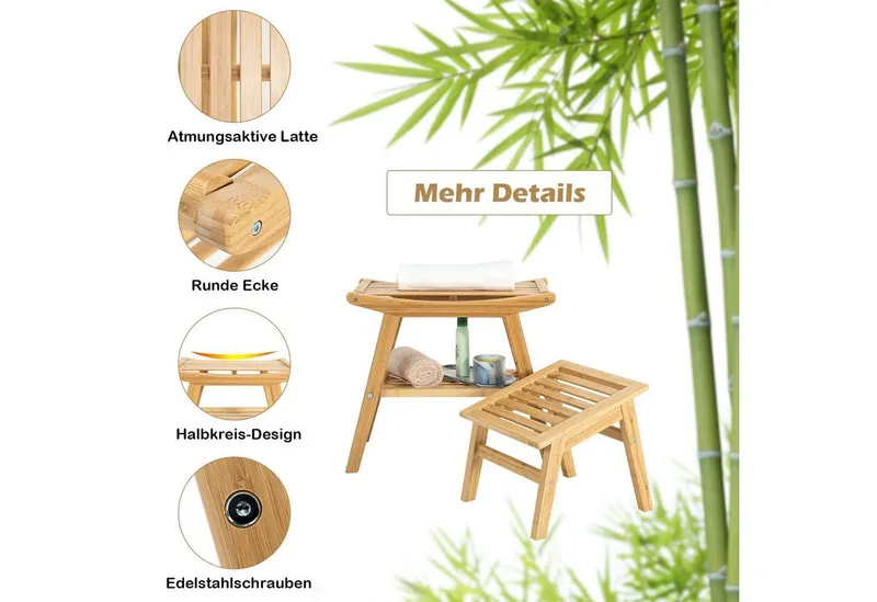COSTWAY COSTWAY Duschhocker, belastbar bis 150 kg, mit Fußhocker, Fach, Bambus, Beige, – Produktbild 4 von 5